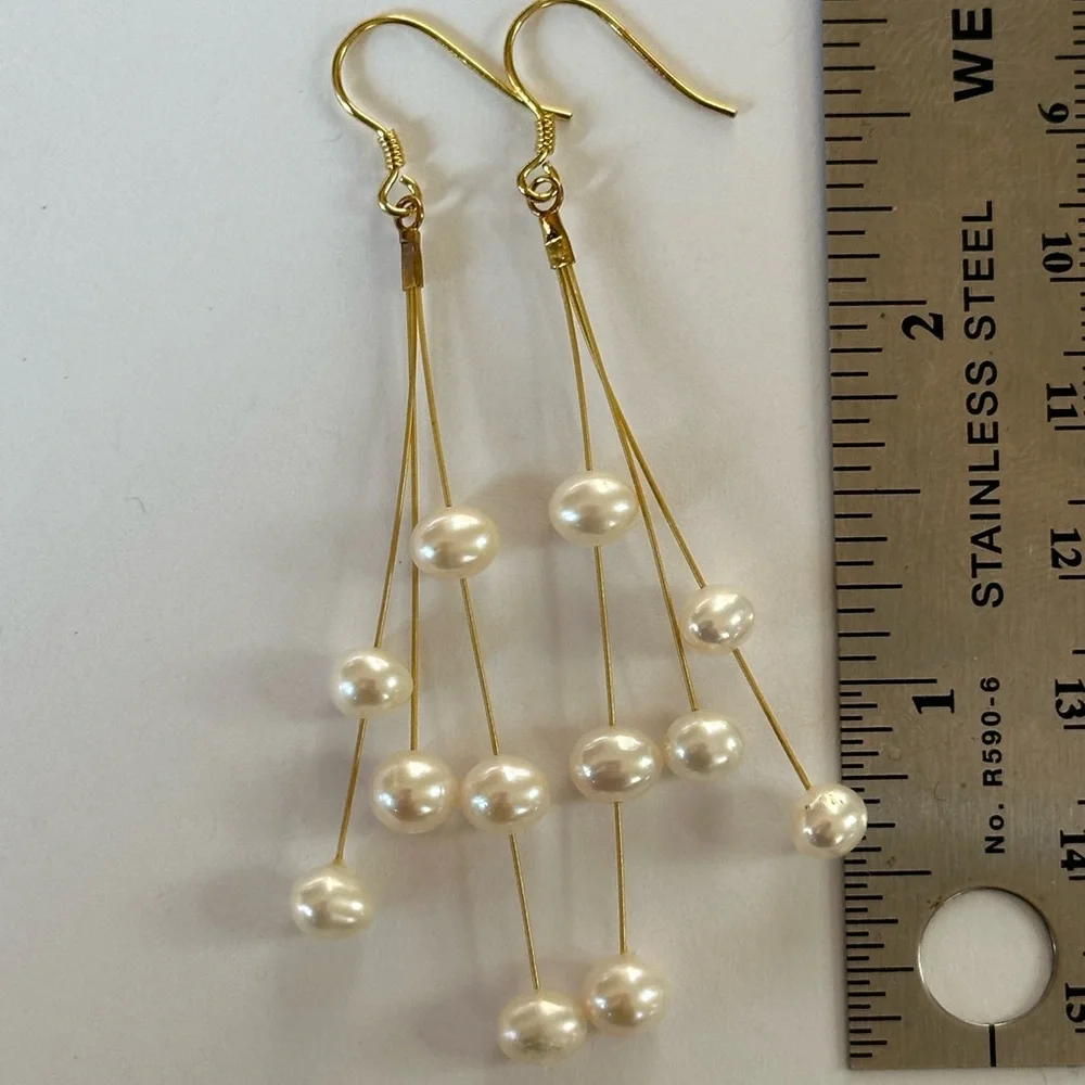 White AAAvPearl Long Linear Dangle Earrings • Gold • Statement Earrings